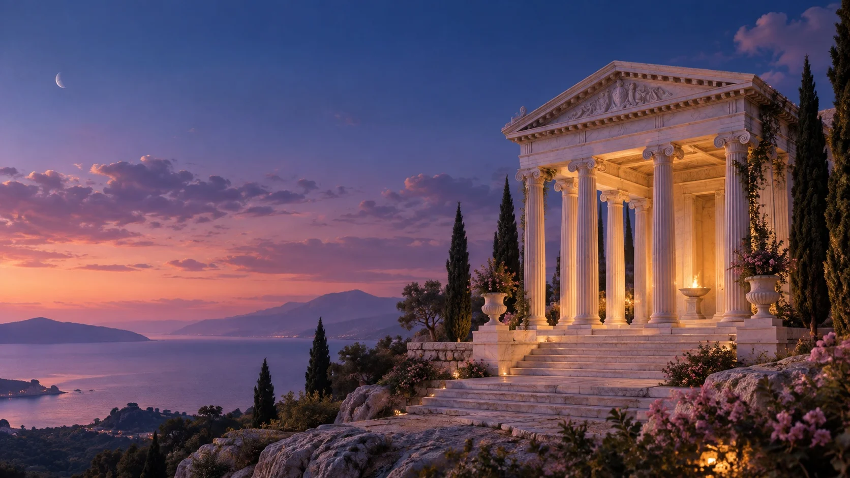 A glowing Greek temple above the sea at twilight